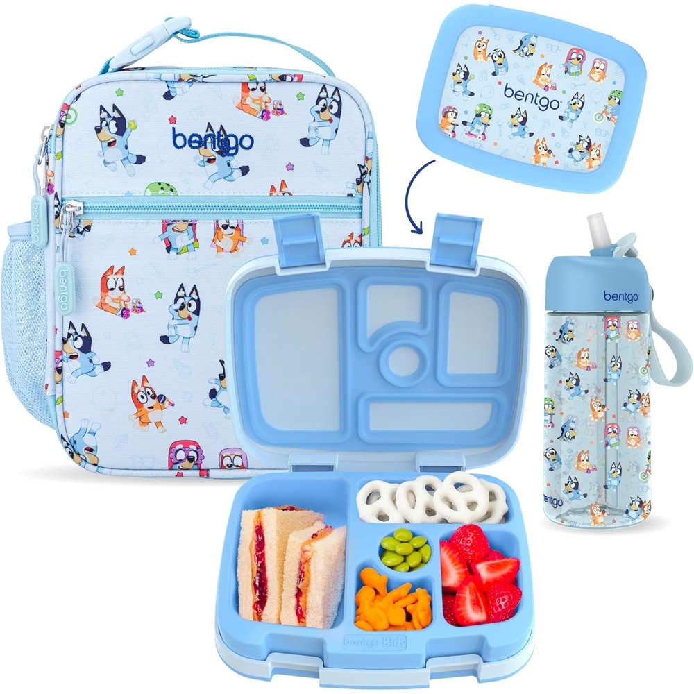 image:imageBentgo  BLUEY 3Piece Lunchtime Trio Set  LeakProof Kids Prints 5Compartment Bento Lunch Box Insulated Lightweight Tote Bag amp Durable Bite amp Sip Water Bottle Bundle for Age 3 Play DayPlay Day