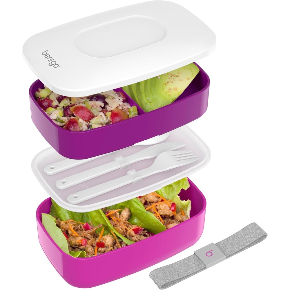 image:imageBentgo Classic  Adult Bento Box Stackable 3Compartment Lunch Box with Removable Utensil Set and Sealing Strap BPAFree Food Container Ideal for Meal Prep Work and On the Go SlatePurple
