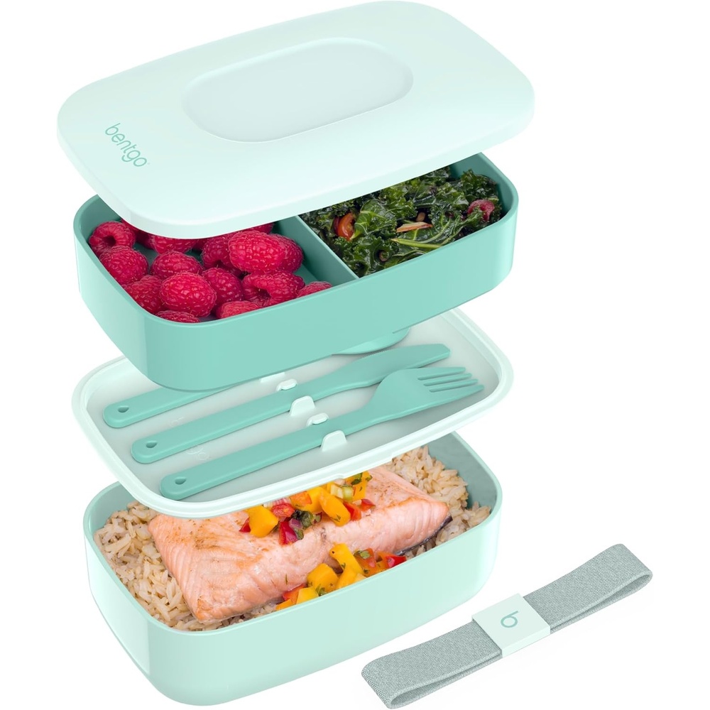 image:imageBentgo Classic  Adult Bento Box Stackable 3Compartment Lunch Box with Removable Utensil Set and Sealing Strap BPAFree Food Container Ideal for Meal Prep Work and On the Go SlateCoastal Aqua
