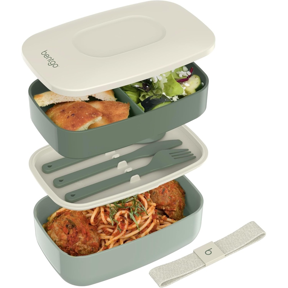 image:imageBentgo Classic  Adult Bento Box Stackable 3Compartment Lunch Box with Removable Utensil Set and Sealing Strap BPAFree Food Container Ideal for Meal Prep Work and On the Go SlateKhaki Green