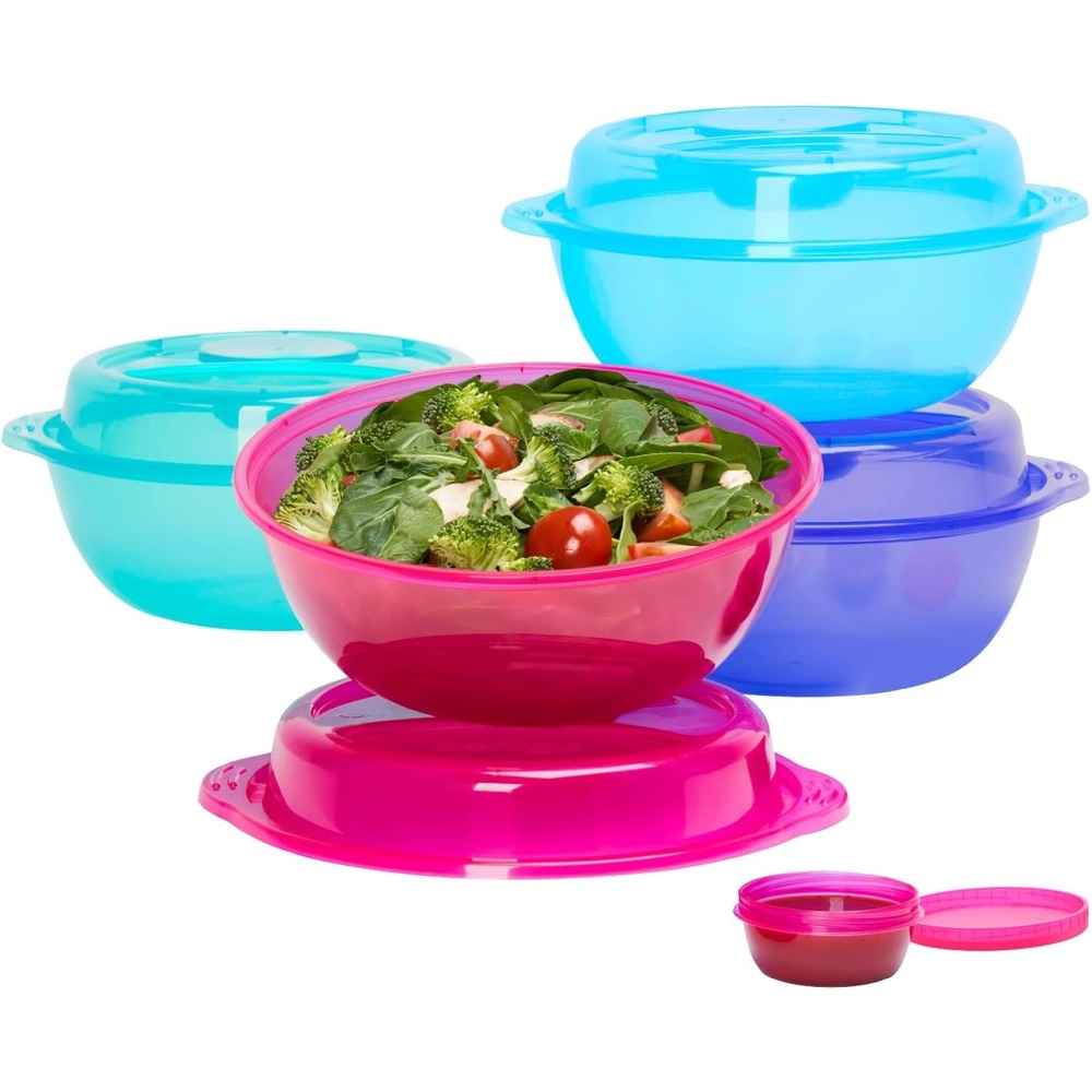 image:imageBentgo Easyboxes SaladtoGo Containers  8Piece Set 4 Bowls LeakProof Dressing Cups BuiltIn amp 4 Fitted Lids Seal in Freshness ReusableBPAFree for Salad Pasta amp Cereal ClassicJewel Brights