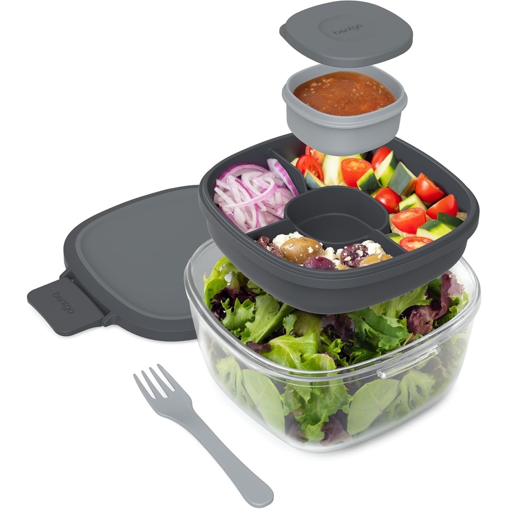 image:imageBentgo Glass Salad Container  76Cup Salad Bowl with Airtight Lid LeakProof Sauce Container 4Compartment Bento Tray amp Reusable Fork  BPAFree for Meal Prep Office amp More Light BlueDark Gray