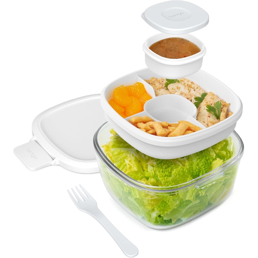 image:imageBentgo Glass Salad Container  76Cup Salad Bowl with Airtight Lid LeakProof Sauce Container 4Compartment Bento Tray amp Reusable Fork  BPAFree for Meal Prep Office amp More Light BlueWhite