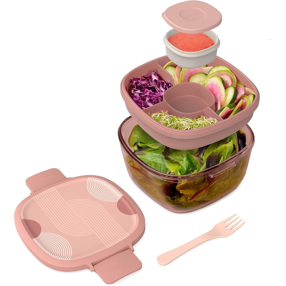 image:imageBentgo Glass Salad Container  76Cup Salad Bowl with Airtight Lid LeakProof Sauce Container 4Compartment Bento Tray amp Reusable Fork  BPAFree for Meal Prep Office amp More Light BlueMod Curve  Desert Rose