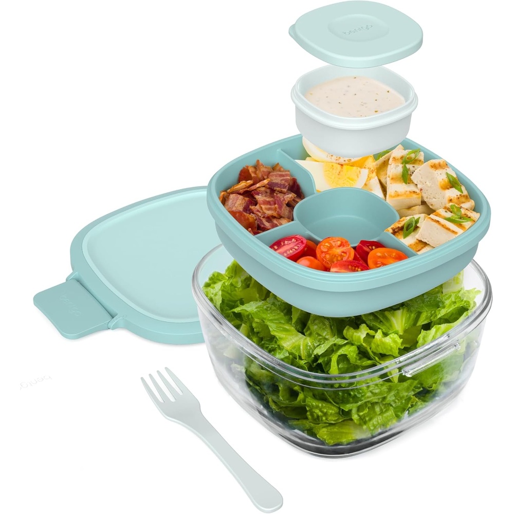 image:imageBentgo Glass Salad Container  76Cup Salad Bowl with Airtight Lid LeakProof Sauce Container 4Compartment Bento Tray amp Reusable Fork  BPAFree for Meal Prep Office amp More Light BlueCoastal Seaglass