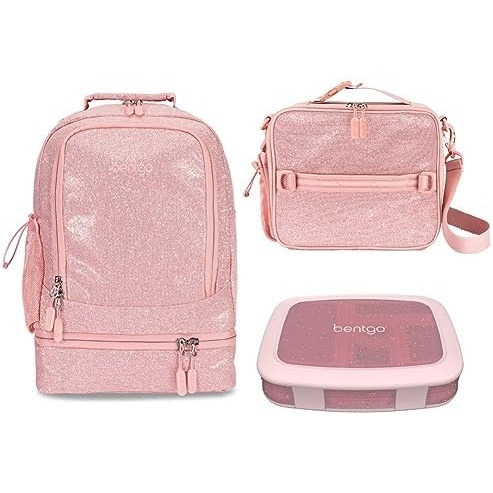 image:imageBentgo Kids 5Compartment Lunch Box Set With Insulated Lunch Bag and 2in1 Backpack amp Insulated Lunch Bag Glitter Edition  Petal Pink