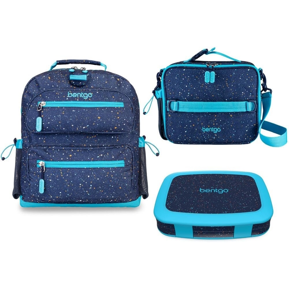 image:imageBentgo Kids 5Compartment Lunch Box Set With Insulated Lunch Bag and Lightweight 14 Kids Backpack Confetti Edition  Abyss Blue
