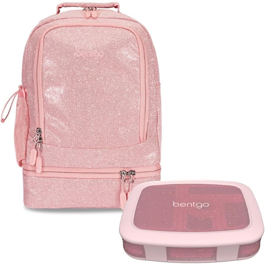 image:imageBentgo Kids 5Compartment Lunch Box With Kids 2in1 Backpack amp Insulated Lunch Bag Glitter Edition  Petal Pink