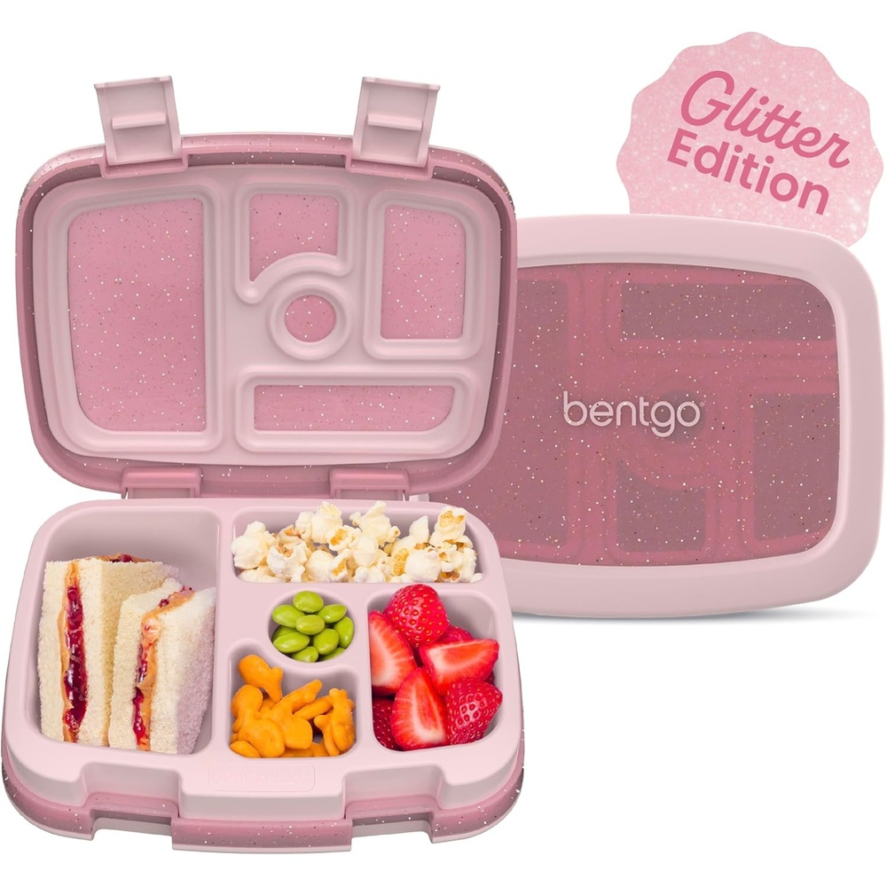 image:imageBentgo Kids BentoStyle 5Compartment LeakProof Lunch Box  JustRight Portions Ages 37 Durable DropProof Dishwasher Safe PFAS amp BPAFree amp Made with FoodSafe Materials Petal Pink GlitterGlitter Edition  Petal Pink