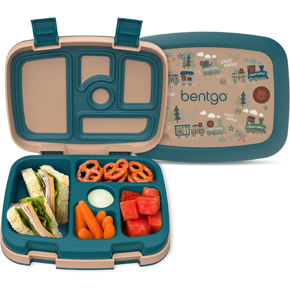 image:imageBentgo Kids Prints LeakProof 5Compartment BentoStyle Kids Lunch Box  Ideal Portion Sizes for Ages 37 Durable DropProof Dishwasher Safe amp PFAS amp BPAFree Materials SportsTrains