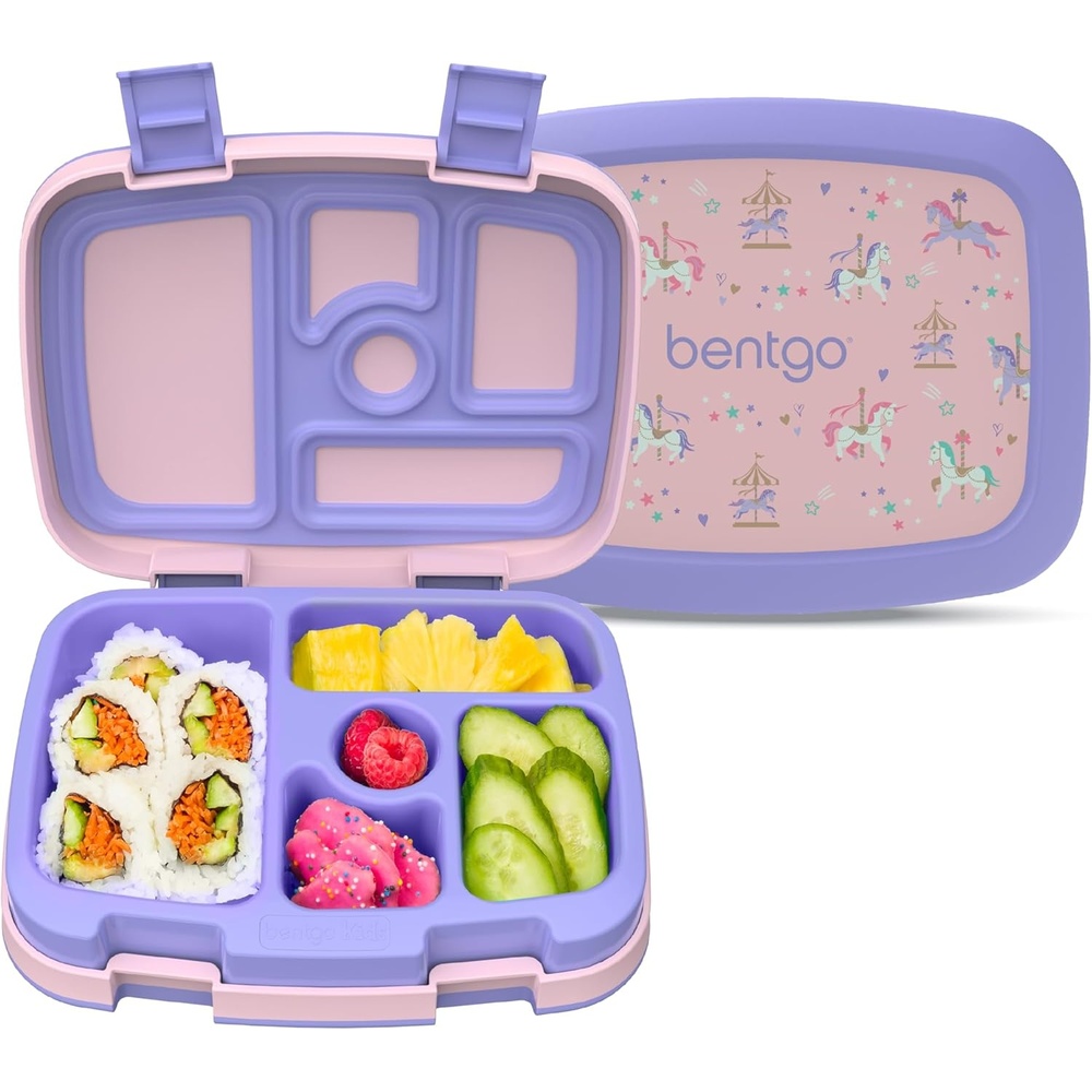 image:imageBentgo Kids Prints LeakProof 5Compartment BentoStyle Kids Lunch Box  Ideal Portion Sizes for Ages 37 Durable DropProof Dishwasher Safe amp PFAS amp BPAFree Materials SportsCarousel Unicorns