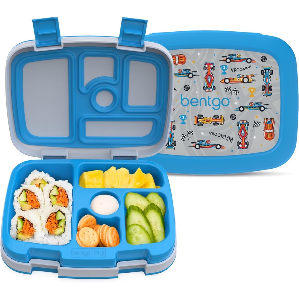 image:imageBentgo Kids Prints LeakProof 5Compartment BentoStyle Kids Lunch Box  Ideal Portion Sizes for Ages 37 Durable DropProof Dishwasher Safe amp PFAS amp BPAFree Materials SportsRace Cars