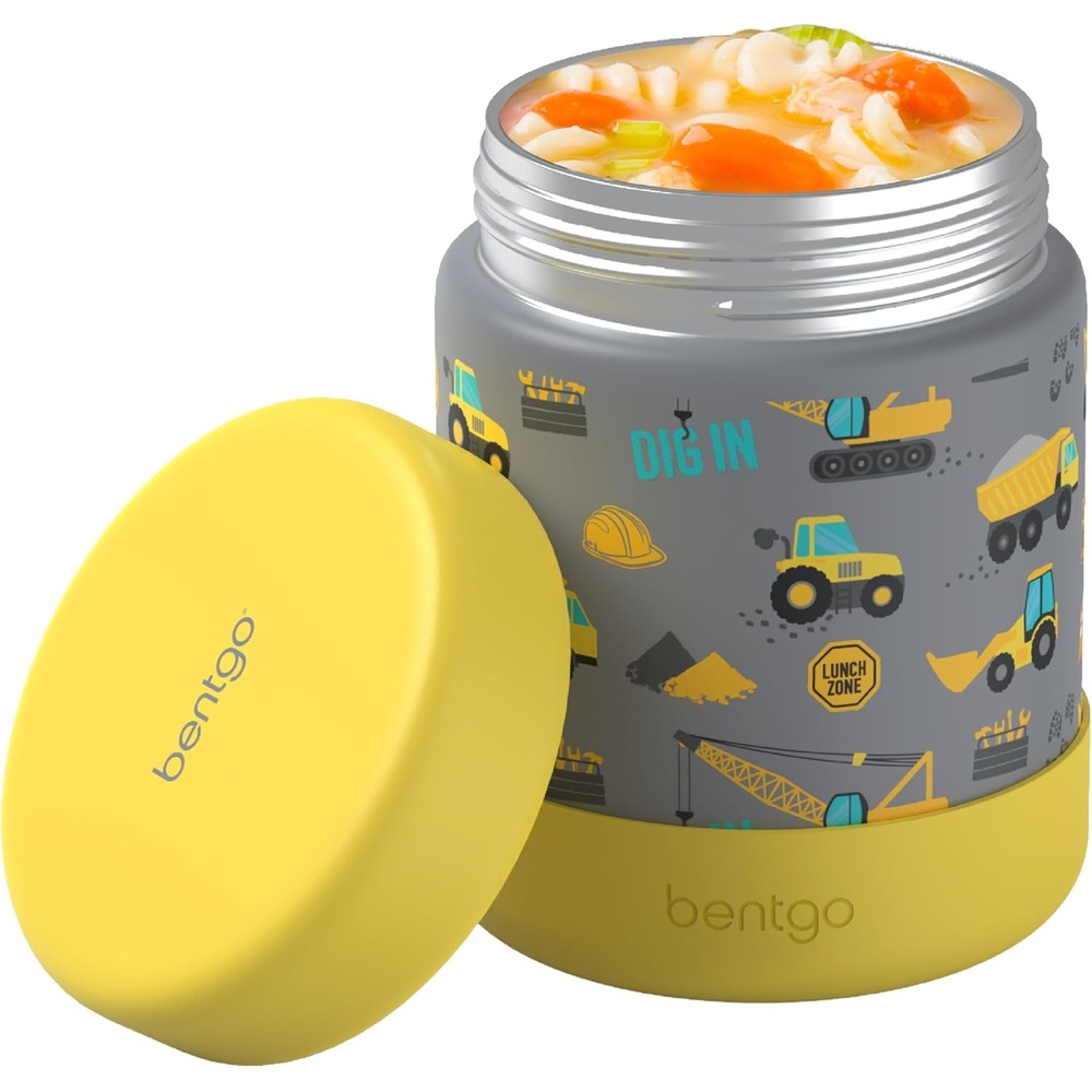 image:imageBentgo Kids Stainless Steel Food Jar  11oz LeakProof Double Insulated Hot or Cold Food Container with Removable Silicone Bumper Dishwasher Safe Easy Open Lid Ages 3 UnicornConstruction Trucks
