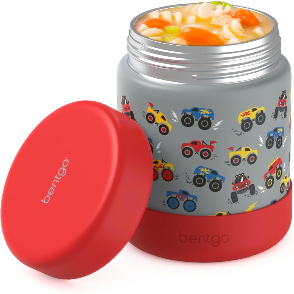 image:imageBentgo Kids Stainless Steel Food Jar  11oz LeakProof Double Insulated Hot or Cold Food Container with Removable Silicone Bumper Dishwasher Safe Easy Open Lid Ages 3 UnicornTrucks