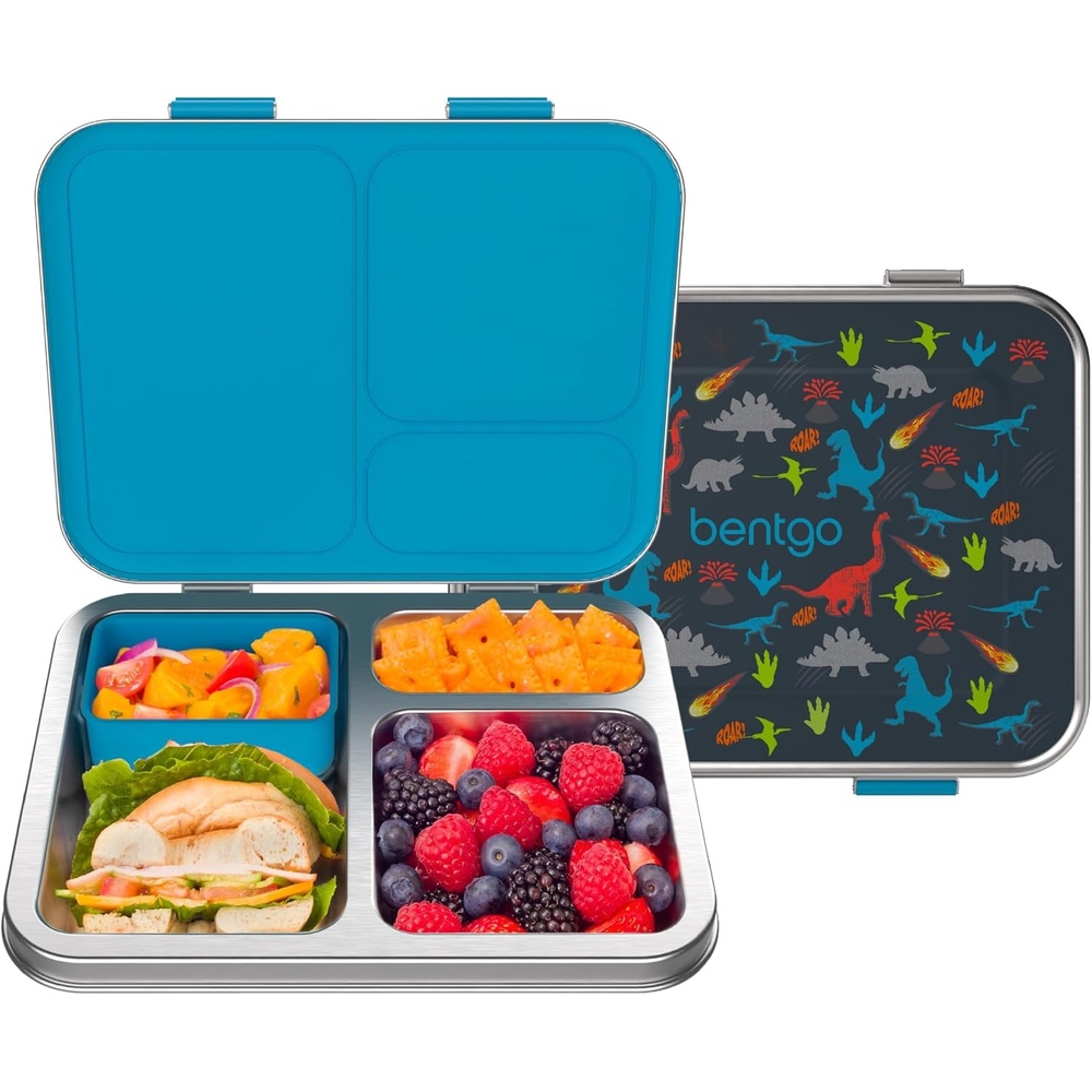 image:imageBentgo Kids Stainless Steel Prints LeakResistant Lunch Box  3Compartments with Silicone Container Durable EcoFriendly Dishwasher Safe BPAFree for School Ages 3 Rainbows amp ButterfliesDinosaur