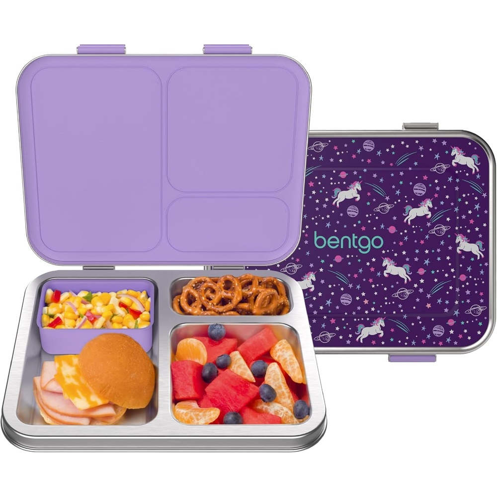 image:imageBentgo Kids Stainless Steel Prints LeakResistant Lunch Box  3Compartments with Silicone Container Durable EcoFriendly Dishwasher Safe BPAFree for School Ages 3 Rainbows amp ButterfliesUnicorn