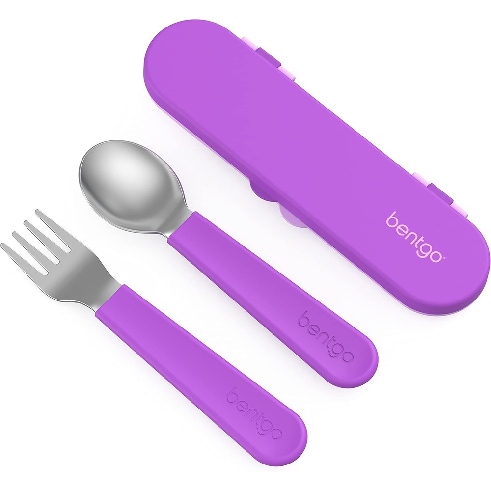 image:imageBentgo Kids Stainless Steel Utensil Set  Reusable Fork Spoon amp Storage Case PFAS amp BPAFree EasyGrip Handles Lightweight Dishwasher Safe School Lunch Travel amp Outdoors PurplePurple