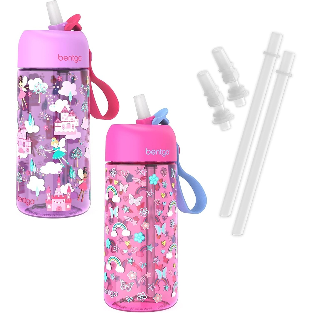 image:imageBentgo Kids Water Bottle 2Pack  New amp Improved 2023 Set With 2Pack of Water Bottle Replacement Straws Rainbows amp ButterfliesFairies