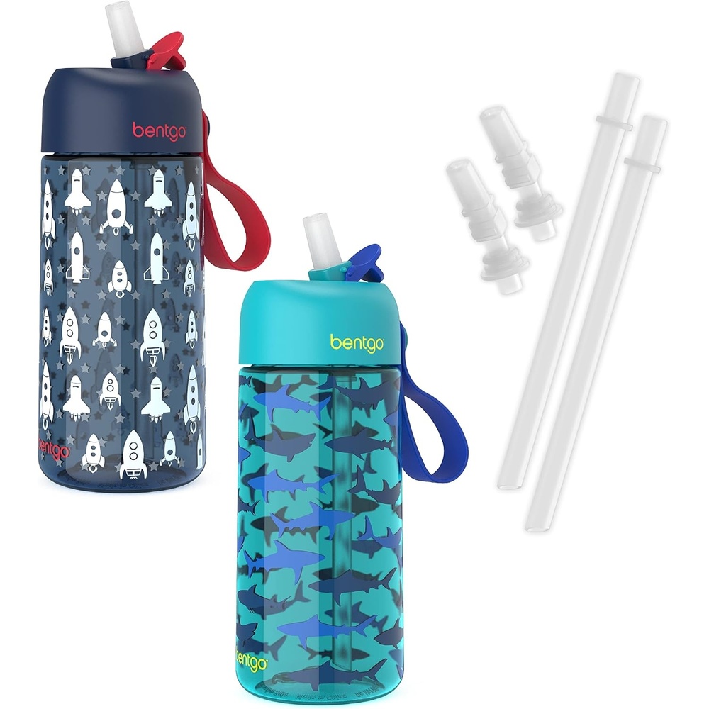 image:imageBentgo Kids Water Bottle 2Pack  New amp Improved 2023 Set With 2Pack of Water Bottle Replacement Straws RocketShark
