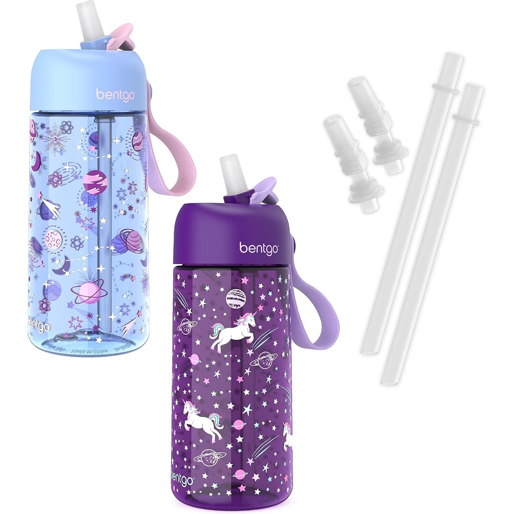 image:imageBentgo Kids Water Bottle 2Pack  New amp Improved 2023 Set With 2Pack of Water Bottle Replacement Straws UnicornLavender Galaxy