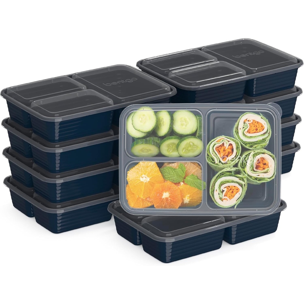 image:imageBentgo Prep  20Piece 3Compartment Reusable Meal Prep Containers with Lids PFAS amp BPA Free Materials Durable Microwave Freezer amp Dishwasher Safe To Go Food Storage SilverNavy Blue