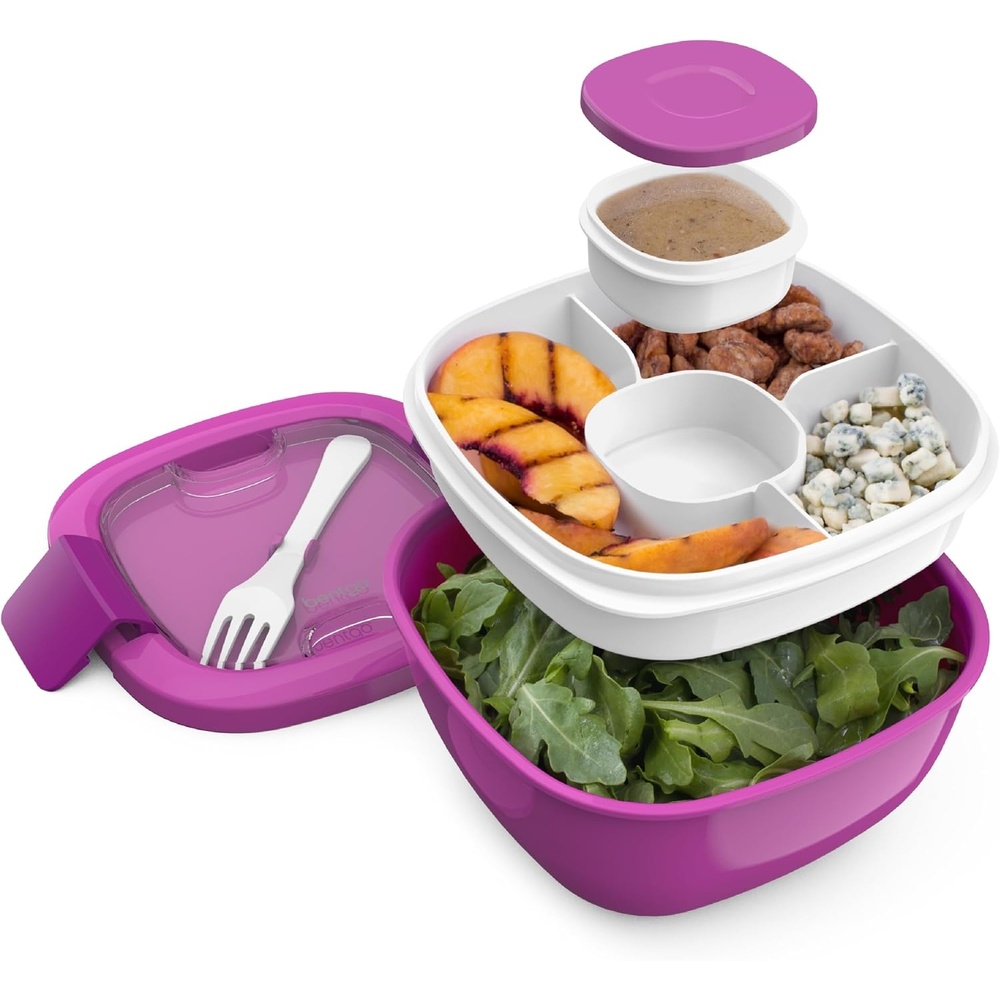 image:imageBentgo Salad Container  54 oz Bowl with 4Compartment Toppings Tray LeakProof Dressing Container Reusable Fork BPAFree Lunch Box for Meal Prep amp Food Storage Removable Bento Tray SlatePurple