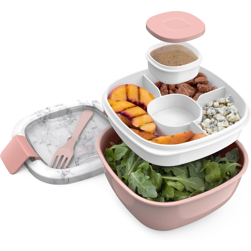 image:imageBentgo Salad Container  54 oz Bowl with 4Compartment Toppings Tray LeakProof Dressing Container Reusable Fork BPAFree Lunch Box for Meal Prep amp Food Storage Removable Bento Tray SlateBlush Marble