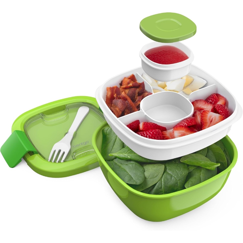 image:imageBentgo Salad Container  54 oz Bowl with 4Compartment Toppings Tray LeakProof Dressing Container Reusable Fork BPAFree Lunch Box for Meal Prep amp Food Storage Removable Bento Tray SlateGreen