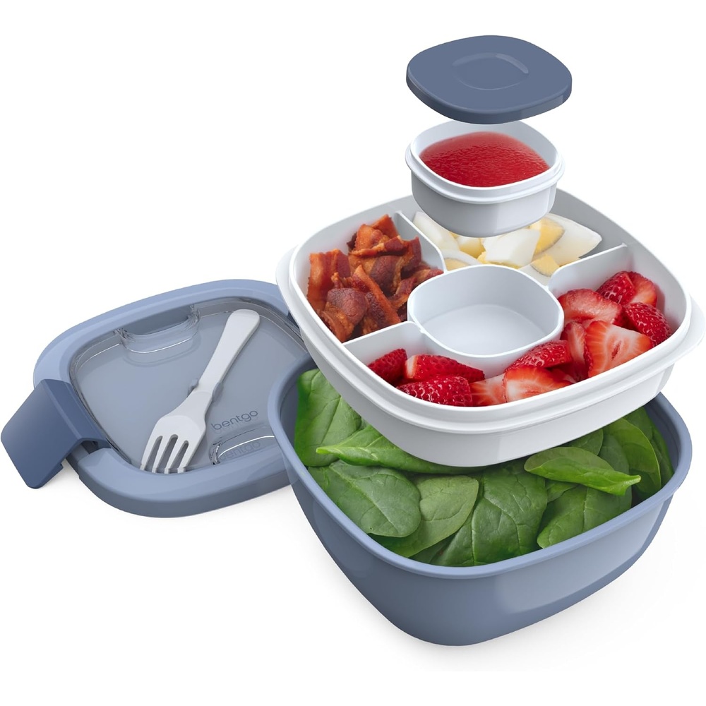 image:imageBentgo Salad Container  54 oz Bowl with 4Compartment Toppings Tray LeakProof Dressing Container Reusable Fork BPAFree Lunch Box for Meal Prep amp Food Storage Removable Bento Tray SlateSlate