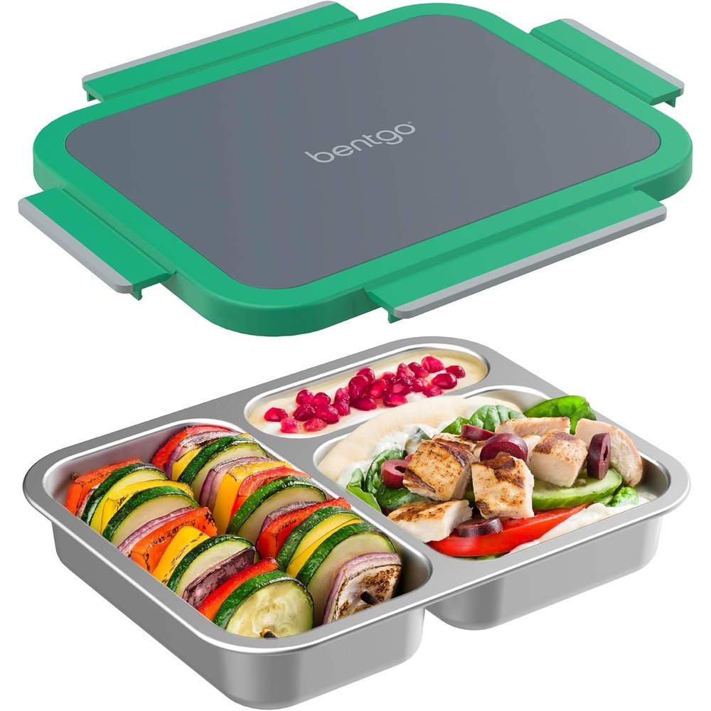 image:imageBentgo Stainless Steel Lunch Box  LeakProof 3 Compartments 43Cup Capacity Ideal for Kids 3 Teens amp Adults Durable Reusable Gray LeafGray Leaf