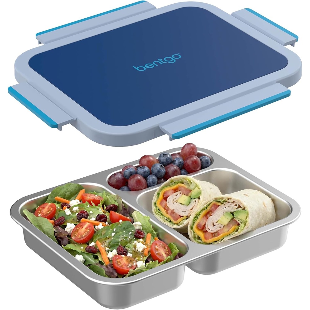 image:imageBentgo Stainless Steel Lunch Box  LeakProof 3 Compartments 43Cup Capacity Ideal for Kids 3 Teens amp Adults Durable Reusable Gray LeafNavy