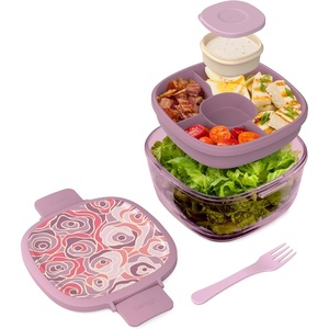 Bentgo Glass Salad Container – 7.6-Cup Salad Bowl with Airtight Lid, Leak-Proof Sauce Container, 4-Compartment Bento Tray & Reusable Fork – BPA-Free for Meal Prep, Office & More (Light Blue)(Floral Maximalist – Bouquet)