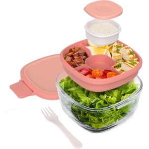 Bentgo Glass Salad Container – 7.6-Cup Salad Bowl with Airtight Lid, Leak-Proof Sauce Container, 4-Compartment Bento Tray & Reusable Fork – BPA-Free for Meal Prep, Office & More (Light Blue)(Coral)