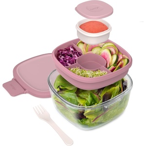 Bentgo Glass Salad Container – 7.6-Cup Salad Bowl with Airtight Lid, Leak-Proof Sauce Container, 4-Compartment Bento Tray & Reusable Fork – BPA-Free for Meal Prep, Office & More (Black Onyx)(Rose)