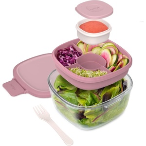Bentgo Glass Salad Container – 7.6-Cup Salad Bowl with Airtight Lid, Leak-Proof Sauce Container, 4-Compartment Bento Tray & Reusable Fork – BPA-Free for Meal Prep, Office & More (Light Blue)(Rose)