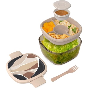 Bentgo Glass Salad Container – 7.6-Cup Salad Bowl with Airtight Lid, Leak-Proof Sauce Container, 4-Compartment Bento Tray & Reusable Fork – BPA-Free for Meal Prep, Office & More (Black Onyx)(Inky Abstract – Neutrals)
