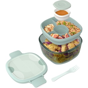 Bentgo Glass Salad Container – 7.6-Cup Salad Bowl with Airtight Lid, Leak-Proof Sauce Container, 4-Compartment Bento Tray & Reusable Fork – BPA-Free for Meal Prep, Office & More (Black Onyx)(Mod Curve – Serene Green)