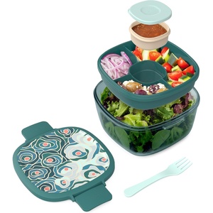 Bentgo Glass Salad Container – 7.6-Cup Salad Bowl with Airtight Lid, Leak-Proof Sauce Container, 4-Compartment Bento Tray & Reusable Fork – BPA-Free for Meal Prep, Office & More (Black Onyx)(Floral Maximalist – Sea)