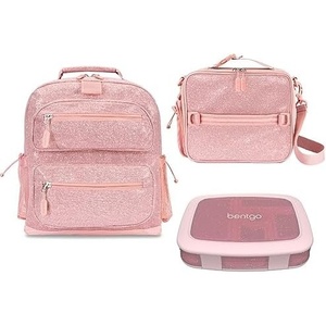 Bentgo® Kids 5-Compartment Lunch Box Set With Insulated Lunch Bag and Lightweight 14” Kids Backpack (Glitter Edition – Petal Pink)