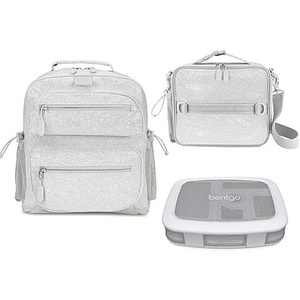 Bentgo® Kids 5-Compartment Lunch Box Set With Insulated Lunch Bag and Lightweight 14” Kids Backpack (Glitter Edition – Silver)