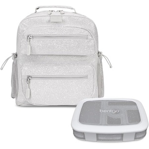 Bentgo® Kids 5-Compartment Lunch Box Set With Lightweight 14” Kids Backpack (Glitter Edition – Silver)