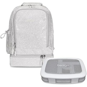Bentgo® Kids 5-Compartment Lunch Box With Kids 2-in-1 Backpack & Insulated Lunch Bag (Glitter Edition – Silver)