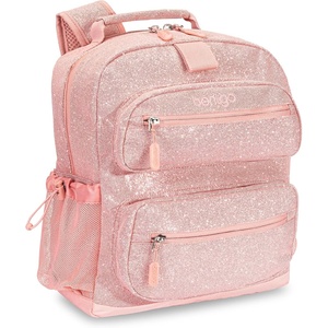 Bentgo Kids Backpack – Lightweight 14” Backpack in Fun Prints for School, Travel, & Daycare, Ideal for Ages 4+, Roomy Interior, Durable & Water-Resistant Fabric, & Loop for Lunch Bag (Dinosaur)(Glitter Edition – Petal Pink)
