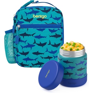 Bentgo Kids Insulated Lunch Tote Set With Kids Stainless Steel Food Jar (Sharks)