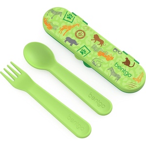 Bentgo® Kids Plastic Utensil Set – Reusable Fork, Spoon & Storage Case, PFAS- & BPA-Free, Easy-Grip Handles, Lightweight, Dishwasher Safe, School Lunch, Travel & On-the-Go (Shark)(Safari)
