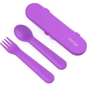 Bentgo® Kids Plastic Utensil Set – Reusable Fork, Spoon & Storage Case, PFAS- & BPA-Free, Easy-Grip Handles, Lightweight, Dishwasher Safe, School Lunch, Travel & On-the-Go (Shark)(Purple)