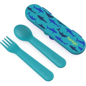 Bentgo® Kids Plastic Utensil Set – Reusable Fork, Spoon & Storage Case, PFAS- & BPA-Free, Easy-Grip Handles, Lightweight, Dishwasher Safe, School Lunch, Travel & On-the-Go (Shark)(Sharks)