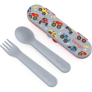 Bentgo® Kids Plastic Utensil Set – Reusable Fork, Spoon & Storage Case, PFAS- & BPA-Free, Easy-Grip Handles, Lightweight, Dishwasher Safe, School Lunch, Travel & On-the-Go (Shark)(Trucks)