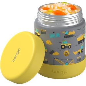 Bentgo Kids Stainless Steel Food Jar – 11oz Leak-Proof Double Insulated Hot or Cold Food Container with Removable Silicone Bumper, Dishwasher Safe, Easy Open Lid, Ages 3+ (Unicorn)(Construction Trucks)