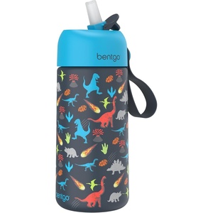 Bentgo® Kids Stainless Steel Insulated Water Bottle – Leak-Proof; Keeps Cool for 12 Hours; Durable, BPA-Free, Dishwasher Safe 14 oz. Cup for Ages 3+ for School/Sports/Daycare (Rainbows & Butterflies)(Dinosaur)